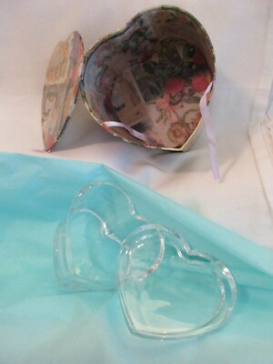Glass Heart Trinket Box w/ VTG Harbert Industries 1996 Floral Cardboard Gift Box
