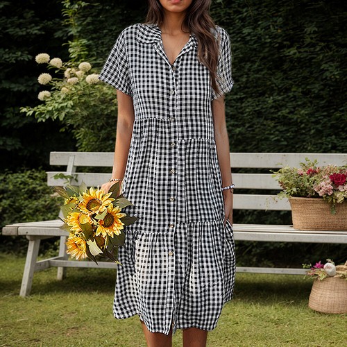 Women Plaid Check Shirt Dress Short Sleeve Summer Beach Button Down Midi Dresses - Picture 6 of 30