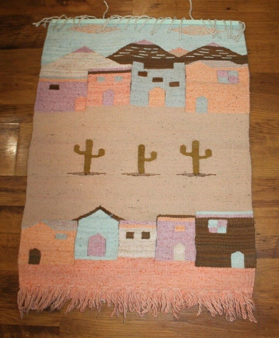 Estate Cactus Hacienda Tribal Southwest Vintage Woven Wool Wall Hanging 43X30