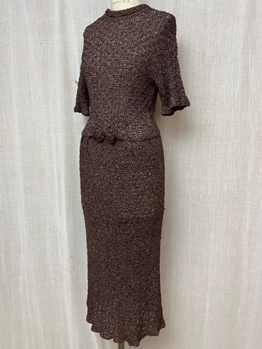 Vestido Midi De Colección Años 40 50 Saks Fifth Avenue Chocolate Rayón Cinta Tejido Crochet S/M - Imagen 2 de 18