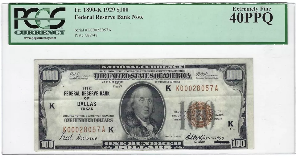 🇺🇸 "KEY" NOTE!!!  1929  $100 FRBN ♚♚DALLAS♚♚ PCGS EX FINE 40 PPQ - Image 2 of 3