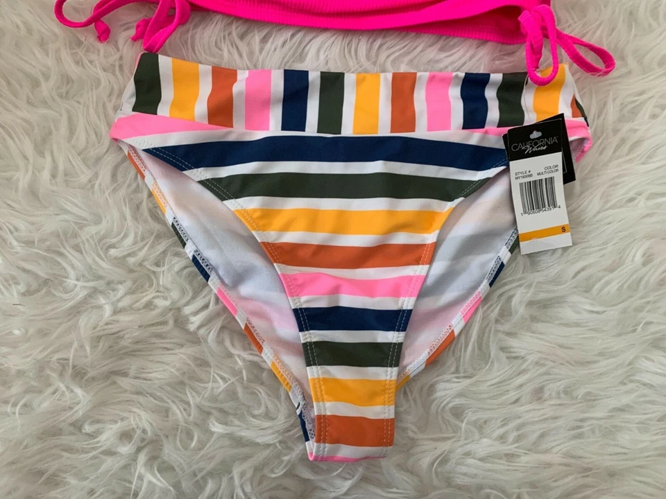 California Waves Juniors S Bikini Set Pink Ribbed Bandeau Ruched Swimwear - Image 3 of 4