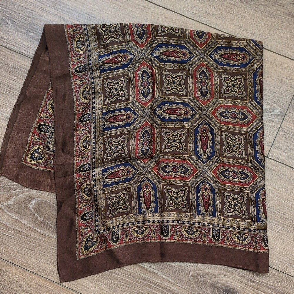 Vintage Echo Silk Scarf - Geometric Paisley in Brown Blue Red Gold Black