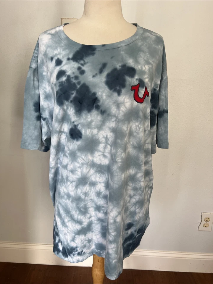 True Religion T Shirt Mens 2 Extra Large Buddha Blue Tie Dye World Tour Y2K - Image 2 of 4