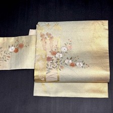 Summer Silk Nagoya Obi Pure Silk Nishijin Embroidered Green  Gold Used