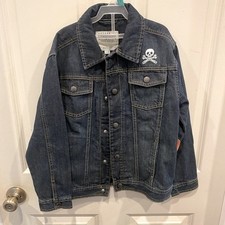 Gymboree Boys Denim Jacket Dark Wash Skull Cross Wrench Embroidery Size M 7-8
