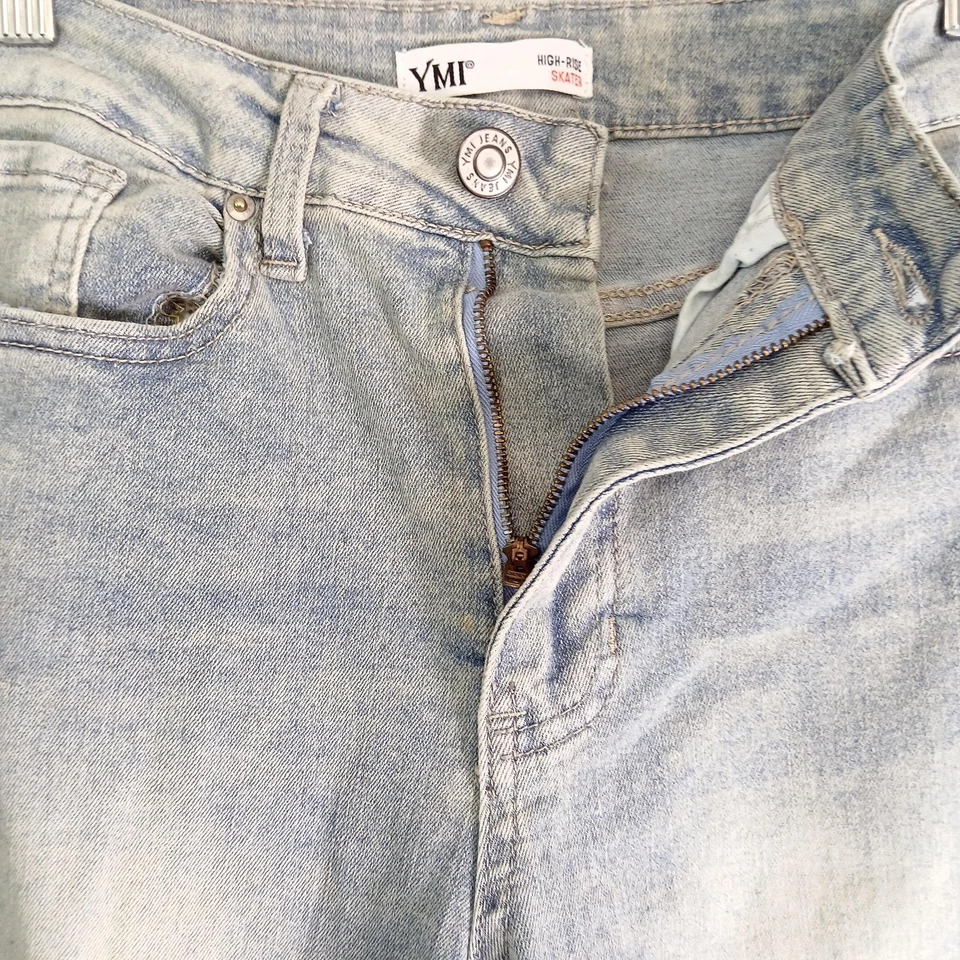 Pantalones de mezclilla YMI para mujer 5/27 azul lavado claro tiro alto pierna ancha carga desgastados PE0550 Foto 3 de 4