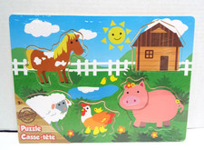 Happy Farm Animals Real Wood Puzzle Horse Sheep Chicken Pig Barn Large 5 Pieces