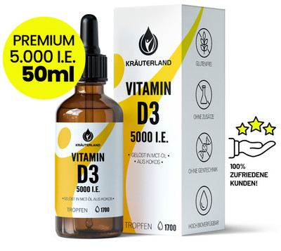KRÄUTERLAND Vitamin D3 5000 I.E. 50ml Tropfen, HOCHDOSIERT, vegetarisch, PREMIUM