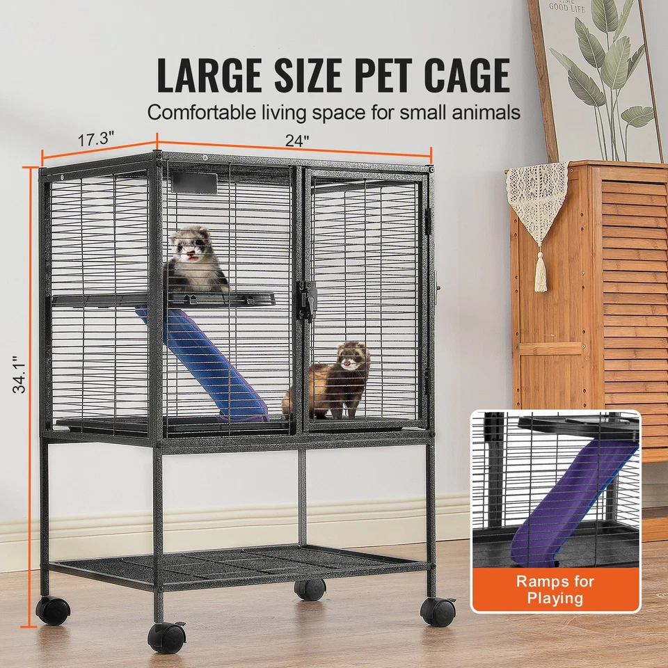 Cage roulante à 2 niveaux en métal pour petits animaux avec rampe, 865 mm - Photo 2/4