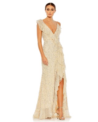 MAC DUGGAL Dress Size 8 Evening Gown Sequin Asymmetrical Cream Ruffle Faux Wrap