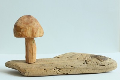 handgeschnitzt Pilzskulptur aus Lindenholz auf Treibholzsockel Unikat Künstlerin