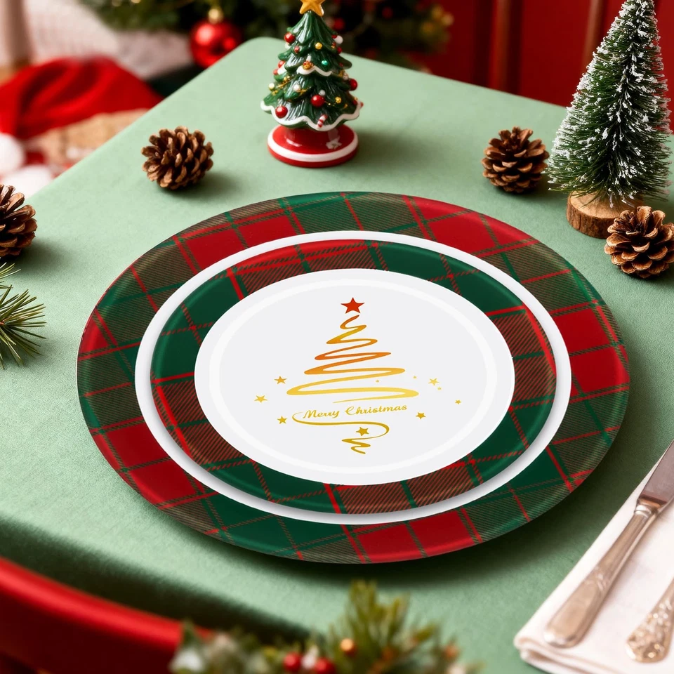 Juego de 50 platos desechables de plástico navideño a cuadros rojos y verdes para... Foto 3 de 4