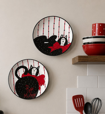 Boyds Katze Teller 2er Set schwarz weiß rot Keramik Deko Aufsteller Teller 21,5 cm