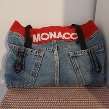 Women's Denim Colourblock Tote Bag Blue/Red, Black Fabric Straps, MONACO