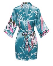 Womens Short Kimono Robes Bride and Bridesmaid Satin Floral Bathrobe Peacock ...