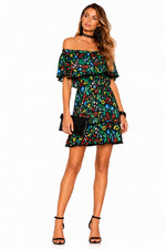 NWOT Alice + Olivia Tylie Off-Shoulder Tiered Floral Mini Dress Black