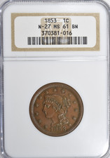 1853 BRAIDED HAIR LARGE CENT ~ R-2 N-27! NICE GLOSSY CHOCOLATE UNC  NGC MS61!