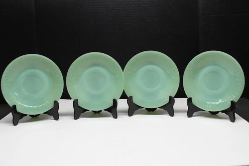 VTG. FIRE KING OVEN WARE JADEITE JANE RAY 'RIBBED' SAUCERS 5 7/8" SET OF FOUR.
