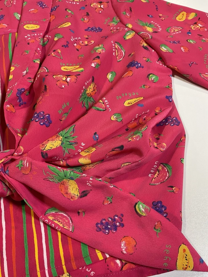 Blusa corta vintage Leslie Fay fruta talla M novedad corbata frontal tropical años 90 Foto 2 de 4