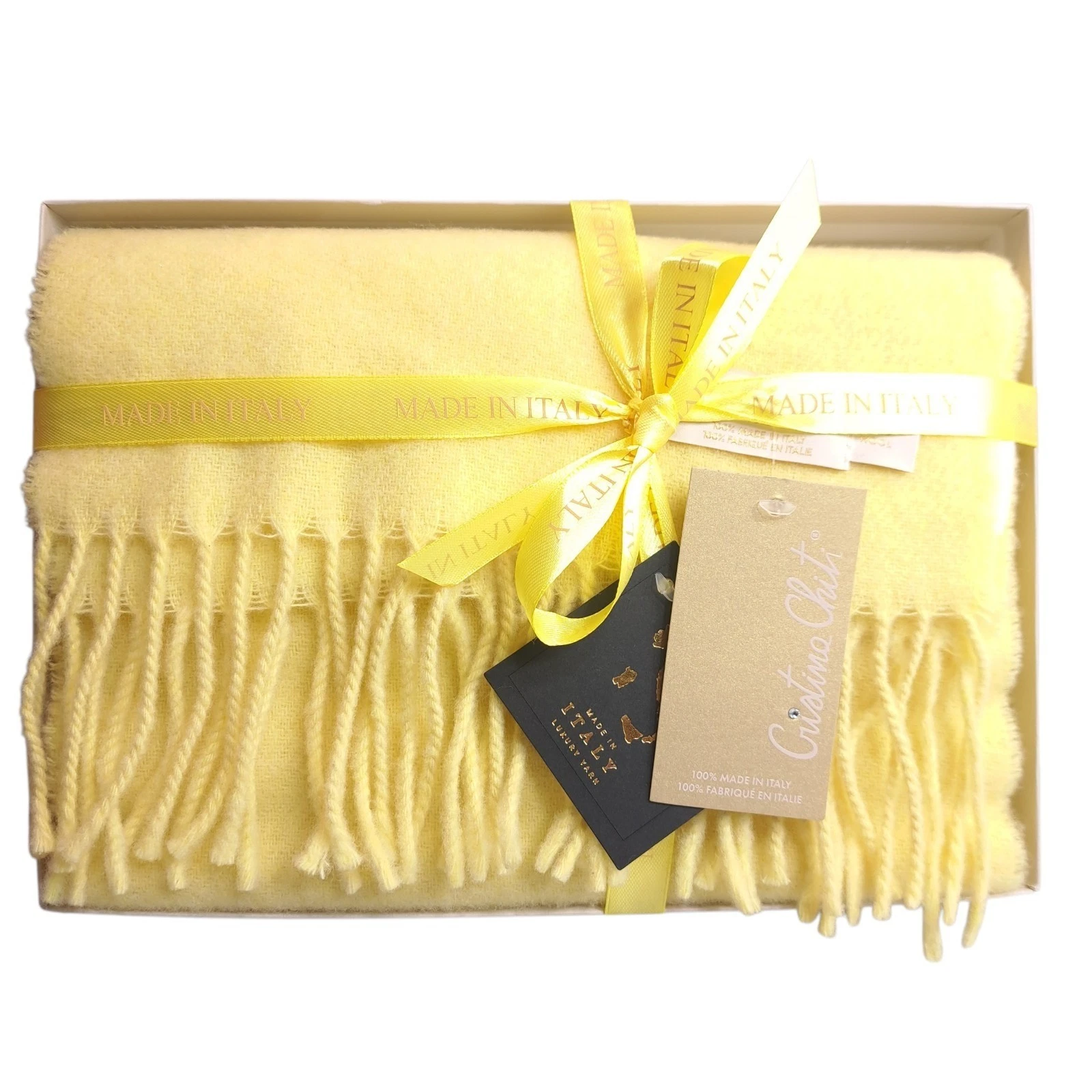 Christina Chiti Rectangular Fringe Scarf Yellow Pure 100% Wool Made In Italy