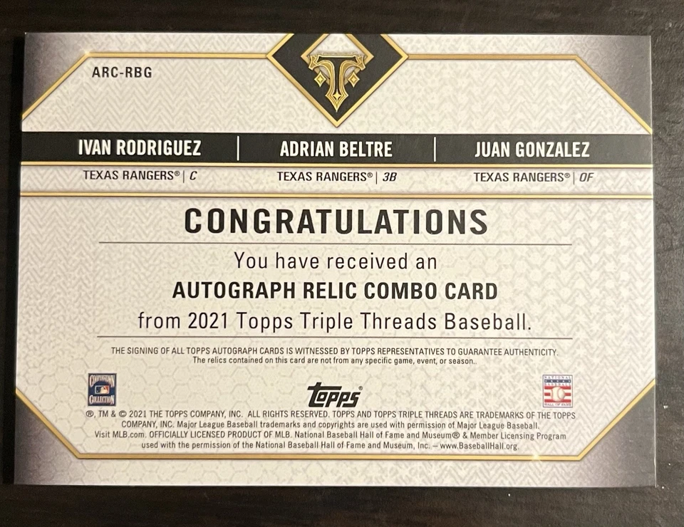 2021 Topps Triple Threads Ivan Rodriguez Adrian Beltre Gonzalez 签名遗物 /27 — 第 2/2 张图片