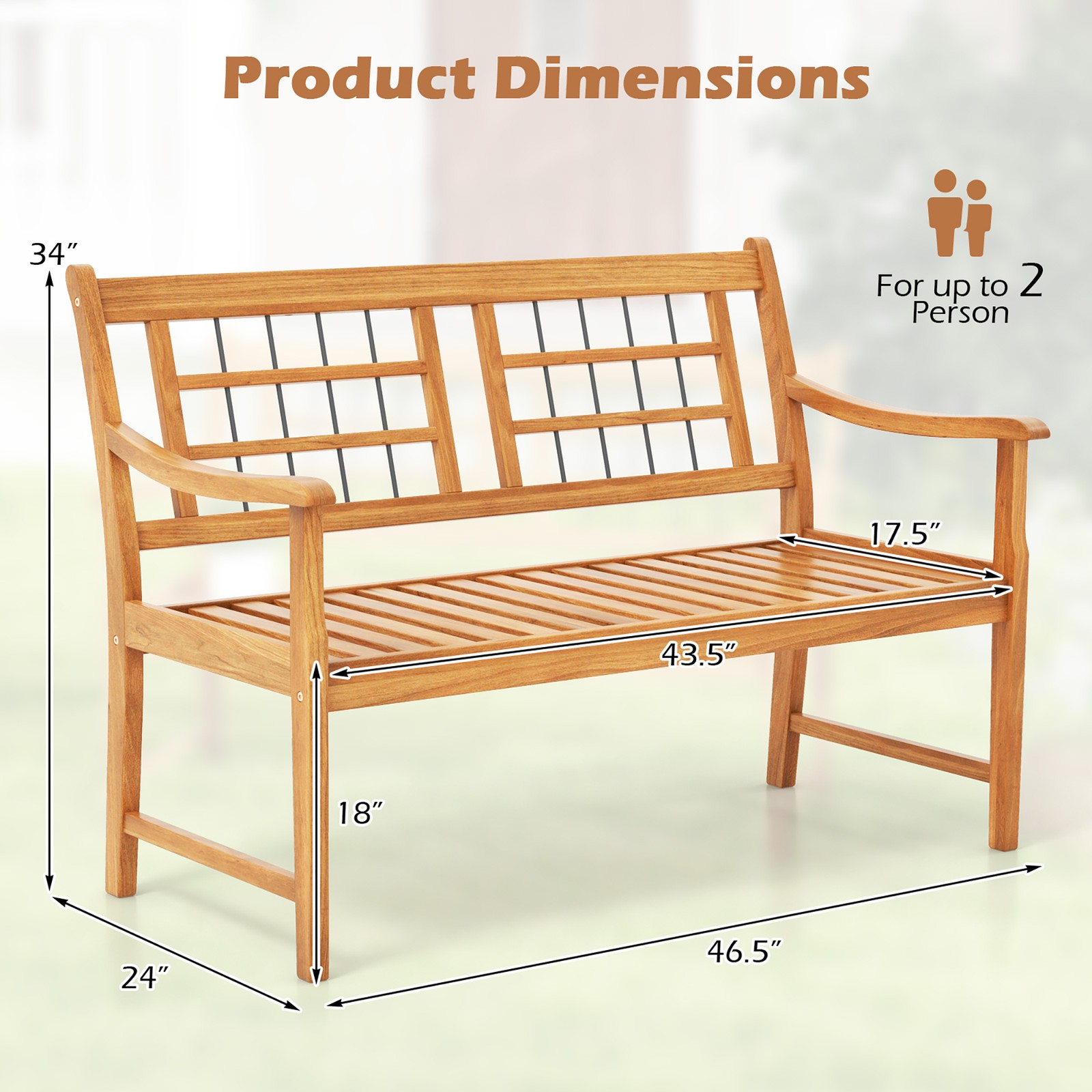 Outdoor Acacia Wood Bench 2-Person Patio Bench w/ Slatted Seat & Backrest