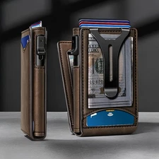 Men's Slim PopUp Bifold Leather Wallet RFID Blocking, Money Clip, Gift Stylish