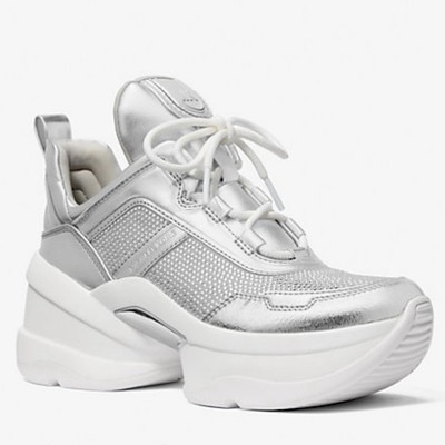MICHAEL KORS OLYMPIA CRYSTAL EMBELLISHED TRAINER SNEAKERS, SILVER