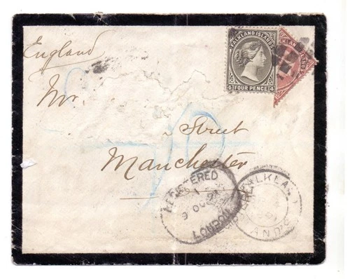 FALKLAND IS. 1891 REG. MOURNING COVER 4d+1d BISECT CAT £4500 -SEE DESCRIPTION
