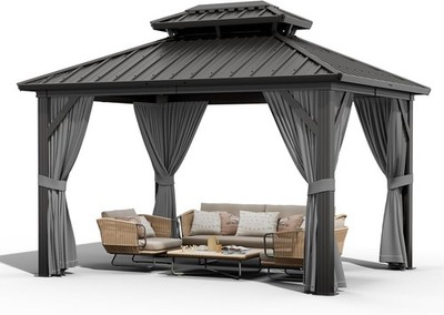 Hardtop Gazebo Heavy-Duty Aluminum Pavilion with Double Metal Roof Mosquito