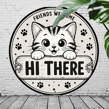 Cute Kitten Welcome Round Metal Sign Porch Entryway Decor 8x8