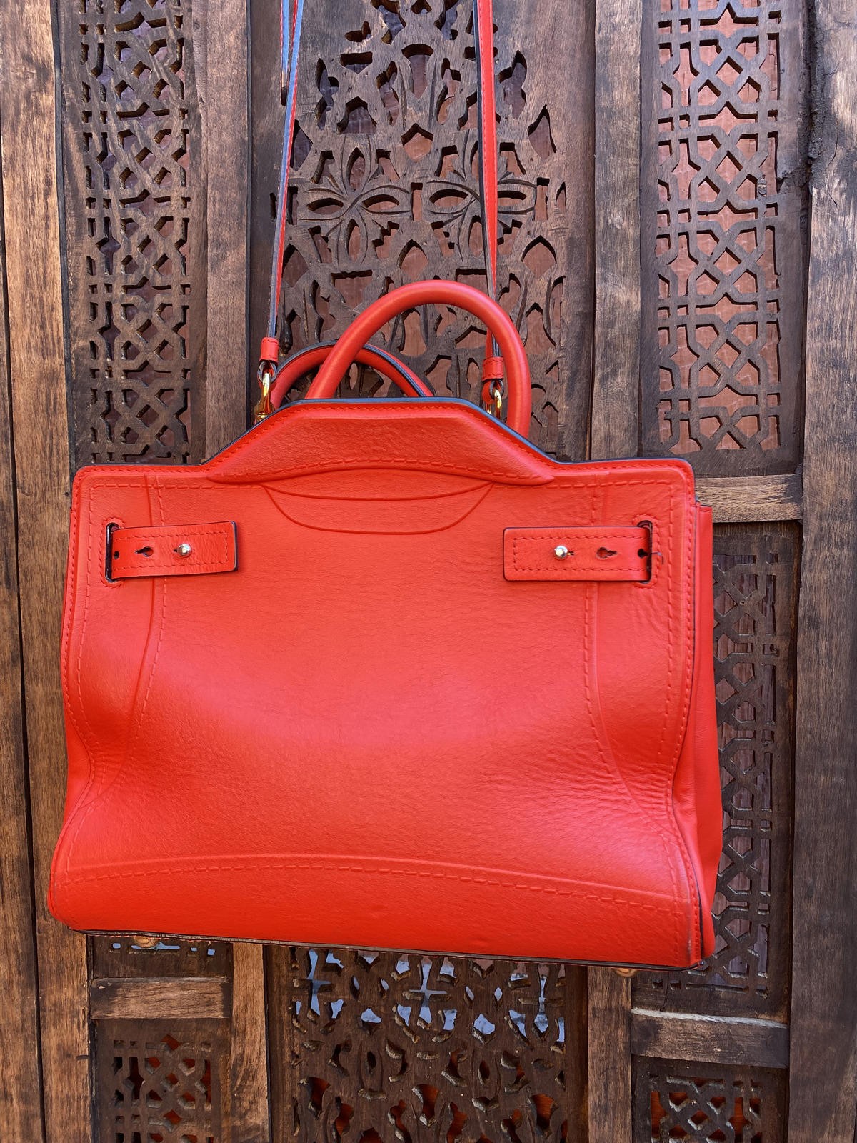 Rare Moschino Red Leather Biker Jacket Tote w Detachable Pouch & Crossbody strap image 3