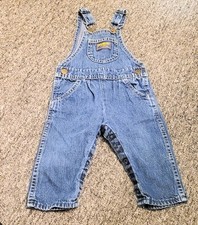 OshKosh Overall Denim Blue 6-9 Month Cotton Button Logo Classic Bibs Snap Bottom