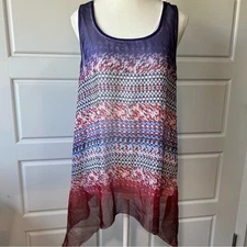 Sleeveless Tunic Top Abstract Print Sheer Flowy Casual Blouse