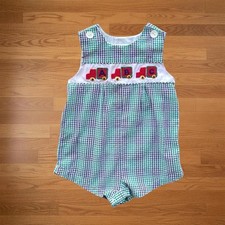 Vintage Samara ABC Bubble Romper Green Purple Seersucker Check Sleeveless Sz 24M