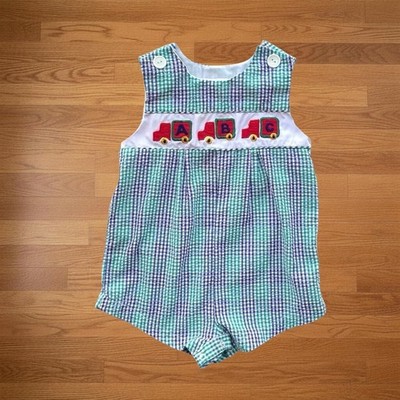 Vintage Samara ABC Bubble Romper Green Purple Seersucker Check Sleeveless Sz 24M