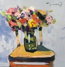 Chair Vase Colorful Roses Flowers Oil Painting Art PRINT By Artist Jose Trujillo