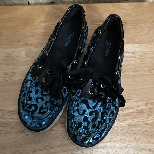 Justice Size 4 Boat Shoes Blue Black Sequin Animal Print Shoes Ribbon Ties