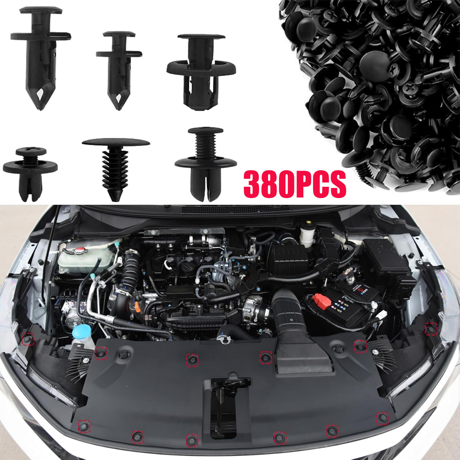 380Pcs Bumper Retainer Clips, Car Plastic Push Fasteners Rivet Clips Kit,6 Sizes