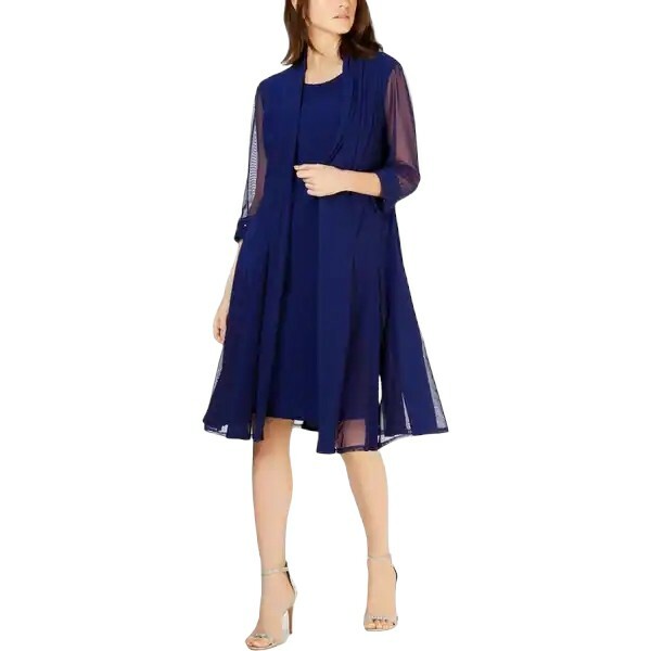 r & m richards knee length dresses R&M Women's Blue Dress 3/4 Sleeve 6 NWT embroidered wedding gown