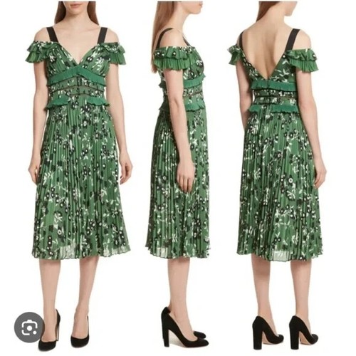 NEW NWT $529 SELF-PORTRAIT Cold Shoulder green floral midi dress - sz 6 - Picture 2 of 13