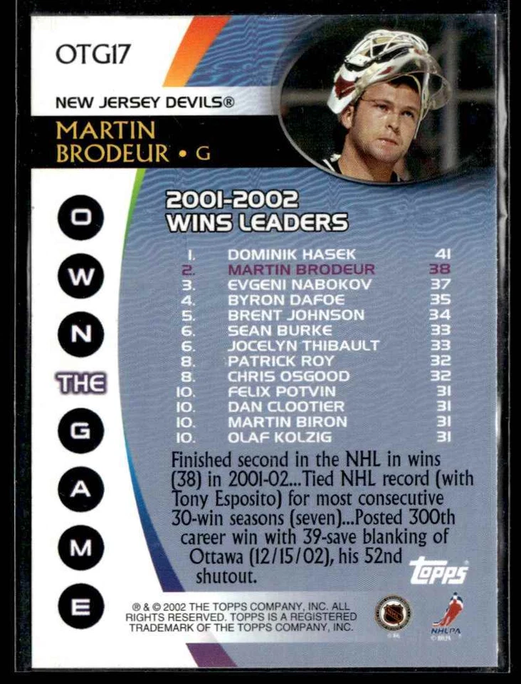 2001-02 O-Pee-Chee Topps Own The Game Martin Brodeur #OTG21 H5R3G - Image 2 of 2