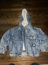 VTG LEVIS DENIM HOODED ACID WASH SHERPA LINED JACKET SNAP ZIP FRONT YOUTH S