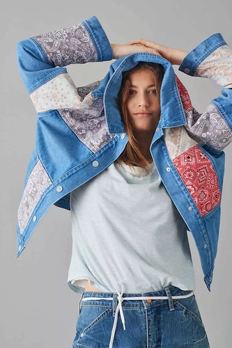 Anthropologie Faria Patchwork Denim Trucker Jacket SIZE M NEW - Picture 4 of 7