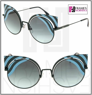 FENDI HYPNOSHINE FF0215S Green Blue Wave Stripe Metal Sunglasses Cat Eye 0215