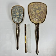 Vanity Gold Lace Dresser Set Hand Mirror Brush Comb Floral 70s Vintage 3 Pcs