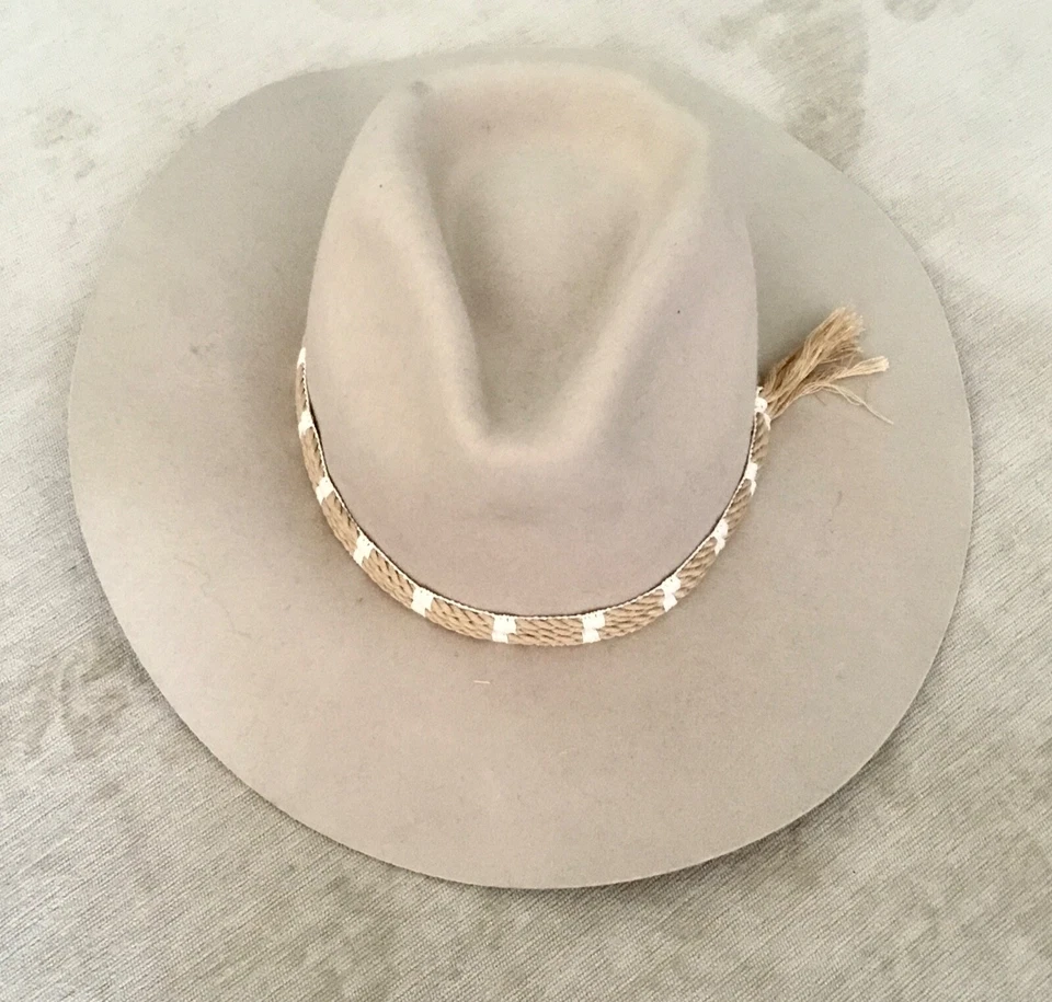 Anthropologie Riverside Trimmed Rancher 帽子羊毛毛毡灰褐色编织带 O/S 全新带标签 — 第 2/4 张图片