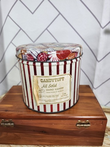 Vintage Candytuft Candy Tin Hard Candies Red White Striped 2 Lbs Empty RARE