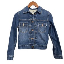 Muji Women's Dark Wash Chest Pocket Button Up Cropped Denim Jean Jacket Size Xs